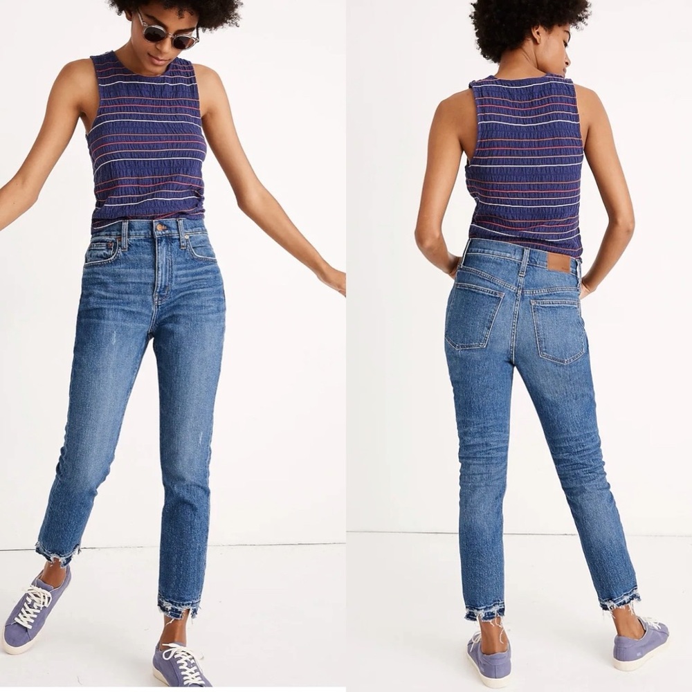 Madewell The High-Rise Slim Boyjean Medium Wash Distressed Hem Size 27 - Picture 1 of 12